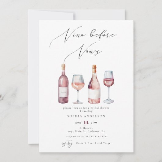 ウォーエレガントズブライダルシャワー前の水色Vino 招待状 (正面)