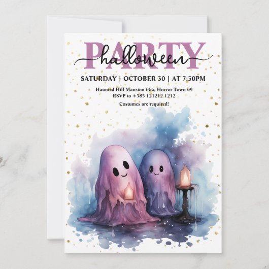 ウォーエレガントターカラーパステル幽霊ハローウィンパーティ 招待状 (正面)
