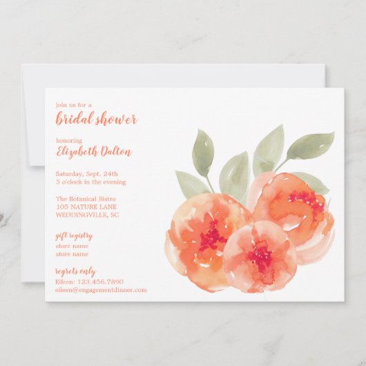 ウォーエレガントターカラーピーチピオニーブライダルシャワー 招待状 (正面)