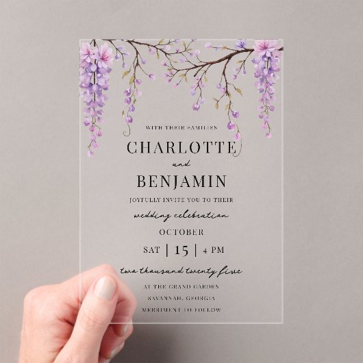 ウォーエレガントターカラーフジタリアブランチ庭園の結婚式 アクリル招待状 (インサイチュ (ポータブル))