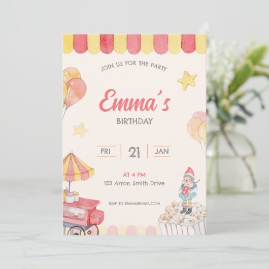 ウォータカラーおもしろいパークテーマ誕生日 招待状 (スタンド正面)