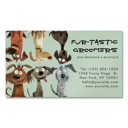 ウォータカラーおもしろい犬トリマーズブティックブルー マグネット名刺 (正面)