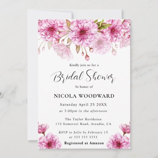 ウォータカラーさくらんぼブロッサムブランチブライダルシャワー 招待状 (正面)