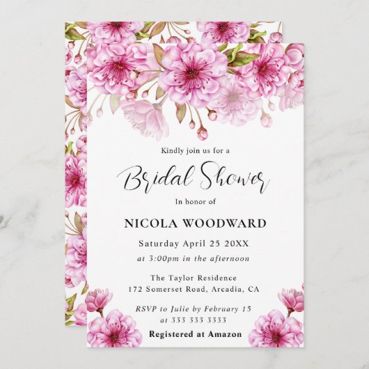 ウォータカラーさくらんぼブロッサムブランチブライダルシャワー 招待状 (正面/裏面)