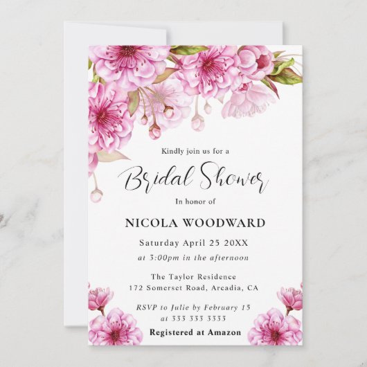 ウォータカラーさくらんぼブロッサムブランチブライダルシャワー 招待状 (正面)