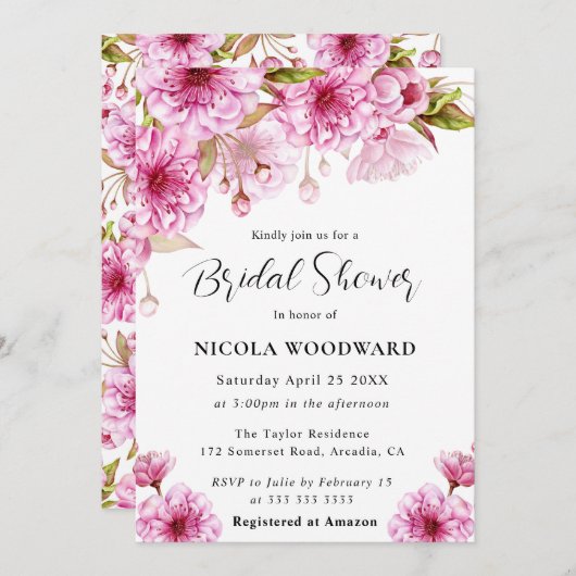 ウォータカラーさくらんぼブロッサムブランチブライダルシャワー 招待状 (正面/裏面)