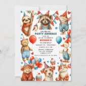 ウォータカラーで描かれた動物たちが集まるキッズ誕生日パーティ 招待状 (正面)