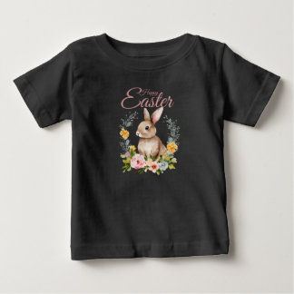 ウォータカラーのウサギとフラワーリース イースター ベビーTシャツ