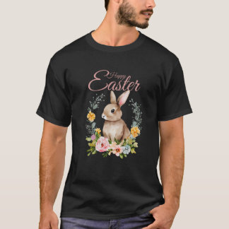 ウォータカラーのウサギとフラワーリース イースター Tシャツ