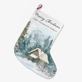 ウォータカラーのキャビンと手書きのクリスマス装飾が可愛らしい冬の雰囲気 ラージクリスマスストッキング
