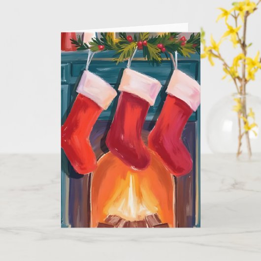 ウォータカラーのクリスマス赤いストッキングと暖炉 カード (黄色い花)