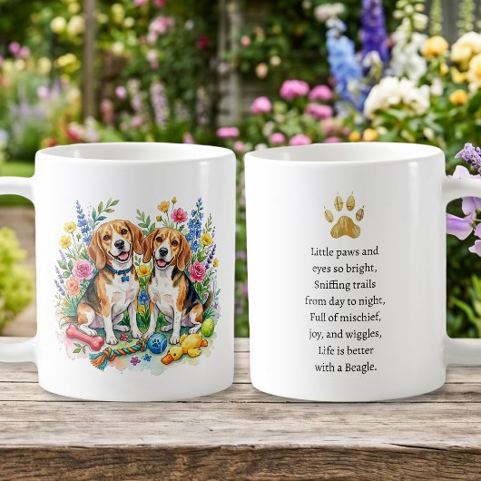 ウォータカラーのビーグルと花のデザイン コーヒーマグカップ