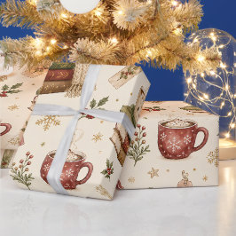 ウォータカラーのホットココアと本のクリスマス ホーリー ラッピングペーパー