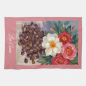 ウォータカラーのレトロな花とコーヒー豆 キッチンタオル (横)