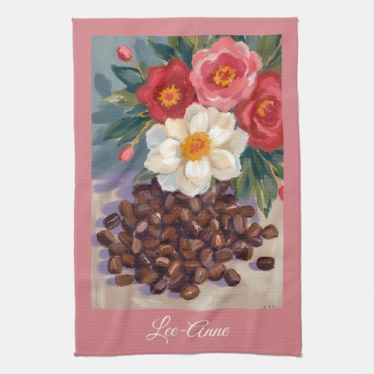ウォータカラーのレトロな花とコーヒー豆 キッチンタオル (縦)