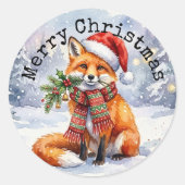 ウォータカラーの冬の狐 メリークリスマス ステッカー (正面)