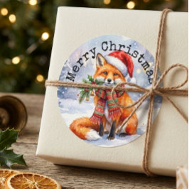 ウォータカラーの冬の狐 メリークリスマス ステッカー