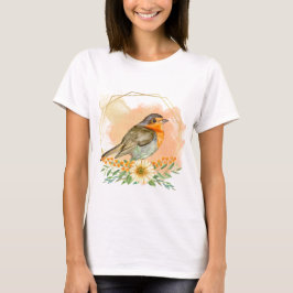 ウォータカラーの可愛いロビンと野の花 Tシャツ