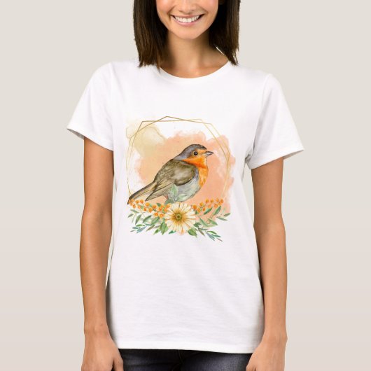 ウォータカラーの可愛いロビンと野の花 Tシャツ (正面)