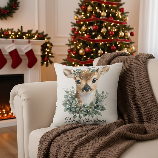 ウォータカラーの子鹿 かわいい赤ちゃん鹿 メリークリスマス クッション