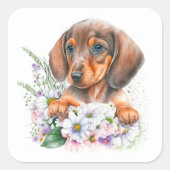 ウォータカラーの花とダックスフントの仔犬 スクエアシール (正面)