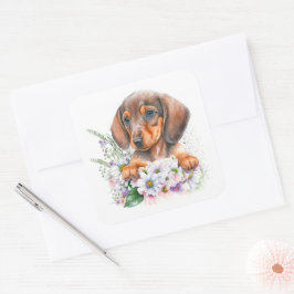 ウォータカラーの花とダックスフントの仔犬 スクエアシール