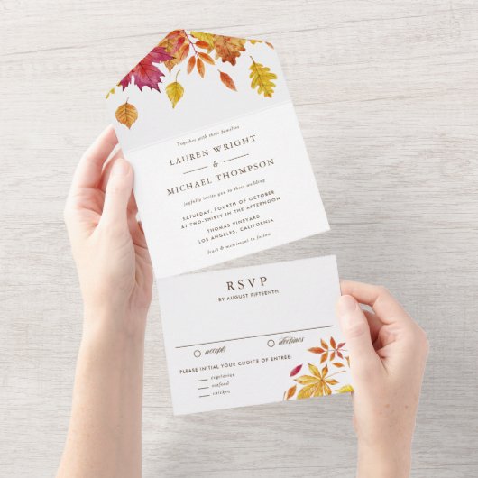 ウォータカラーの落ち葉の紅葉の秋の結婚式 オールインワン招待状 (貼ってはがせる)