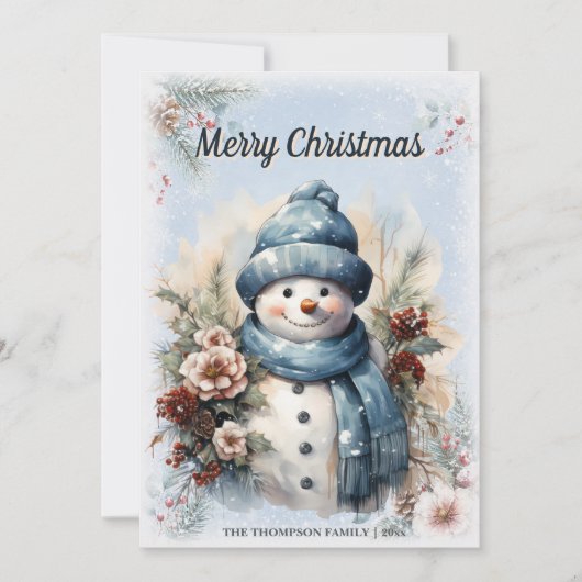 ウォータカラーの雪だるま クリスマスの冬の休日 シーズンカード (正面)