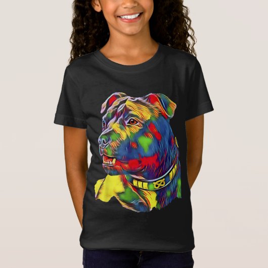 ウォータカラーアートアメリカラフルカ（犬）スタッフォードブル Tシャツ (正面)