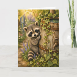 ウォータカラーイラストのアライグマと雨水樽 グリーティングカード 