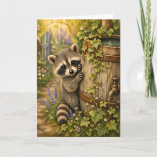 ウォータカラーイラストのアライグマと雨水樽 グリーティングカード