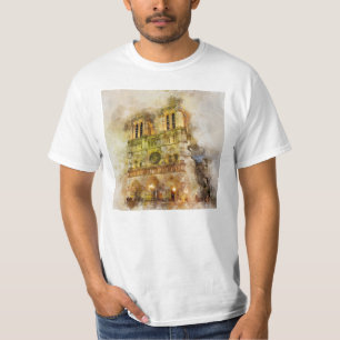 ウォータカラーイラストレーションノートルダムカテドラルパリ Tシャツ