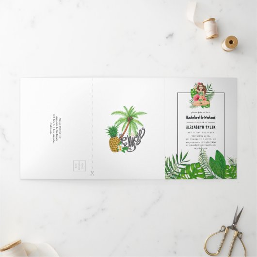 ウォータカラーエキゾチックルアウ(ハワイ式宴会)バチェロレッテ週末 三つ折り招待状 (外部)