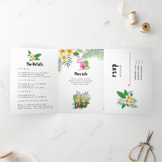 ウォータカラーエキゾチックルアウ（ハワイ式宴会）バチェロレッテ週末 三つ折り招待状 (内部)