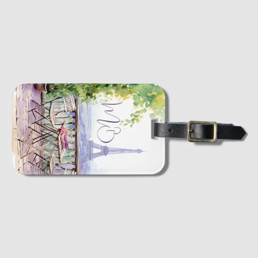 ウォータカラーエッフェルタワーパリフランスのカフェモノグラム ラゲッジタグ (正面横)