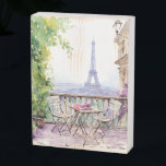 ウォータカラーエッフェルタワーパリフランスのカフェ ウッドボックスサイン<br><div class="desc">水彩エッフェルタワーフランスのパリカフェ木製ボックスの看板はパリスとエッフェルタワーを背景にした水色のカフェのシーティングエリアを特徴とすフランスのる。Evco Studio www.zazzle.com/store/evcostudioによって作成</div>