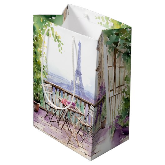 ウォータカラーエッフェルタワーパリフランスのカフェ ミディアムペーパーバッグ (裏面アングル)