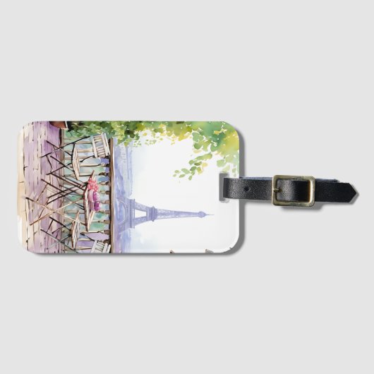 ウォータカラーエッフェルタワーパリフランスのカフェ ラゲッジタグ (正面横)