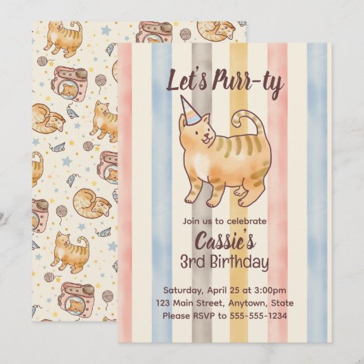 ウォータカラーオレンジの猫の誕生日コレクション 招待状 (正面/裏面)