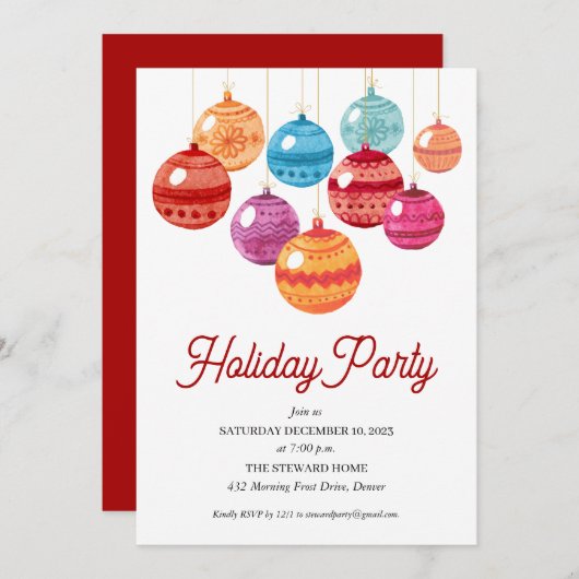 ウォータカラーオーナメントカラフルホリデーパーティー 招待状 (正面/裏面)