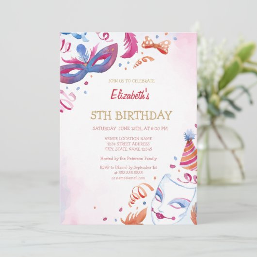 ウォータカラーカーニバルマスク誕生日 招待状 (スタンド正面)