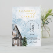 ウォータカラーキャビン素朴ウィンターホリデー結婚ズ 箔招待状 (立ち正面)