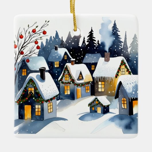 ウォータカラークリスマスのスクエアデザイン セラミックオーナメント (正面)