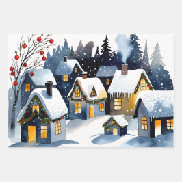 ウォータカラークリスマスの居心地の良い冬の村のデザイン ラッピングペーパーシート