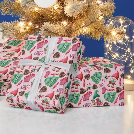 ウォータカラークリスマスノーム柄 ピンク ラッピングペーパー (クリスマス)