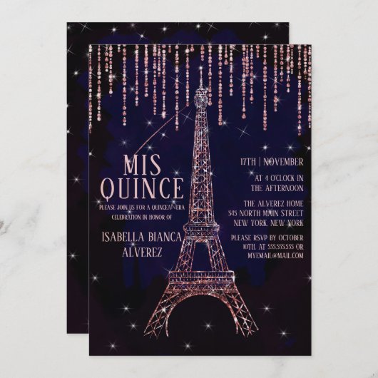 ウォータカラーグリッターパリエッフェルタワーキンセアニラ 招待状 (正面/裏面)