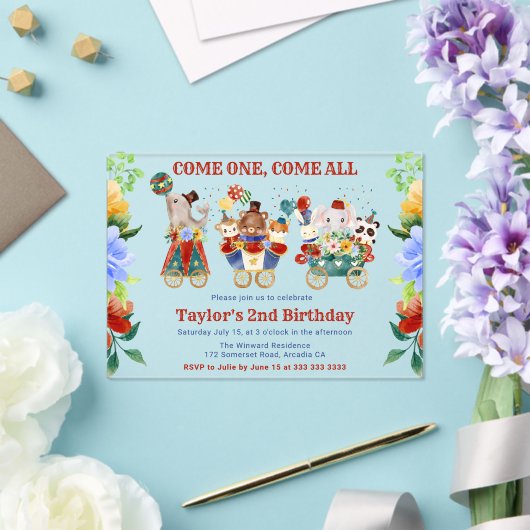 ウォータカラーサーカスカーニバルトレイン子供の誕生日 アクリル招待状 (インサイチュ (ウェディング))
