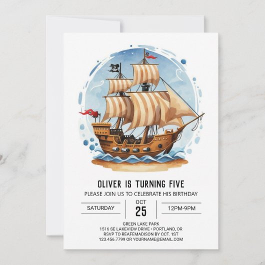 ウォータカラージョリーロジャーマテイパイレーツ誕生日 招待状 (正面)