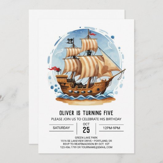ウォータカラージョリーロジャーマテイパイレーツ誕生日 招待状 (正面/裏面)