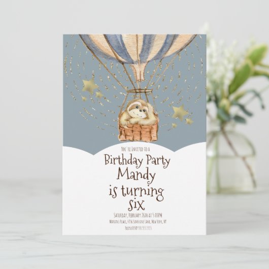 ウォータカラースロッスエアバルーン誕生日ダスティブルー 招待状 (スタンド正面)